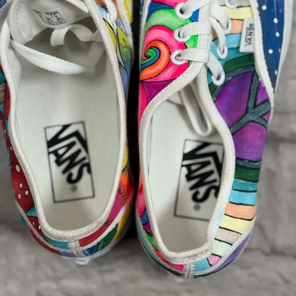 Custom Hand Painted Vans Sun Earth Mushrooms Peace Rainbow Women's Size 7 Shoes